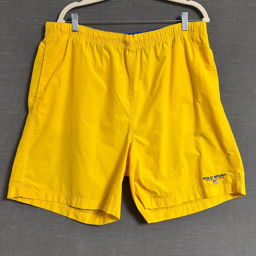 Vintage Polo Sport Ralph Lauren Swim Shorts L Yellow Embroidered Logo Trunks 90s